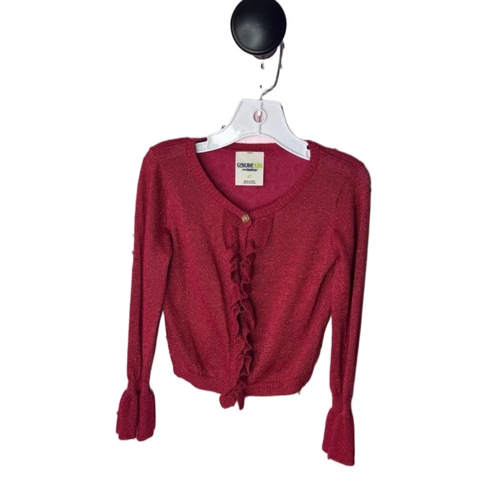 OshKosh B’gosh Girls Red Metallic Ruffle Cardigan Sweater Size 4T Classic Preppy
